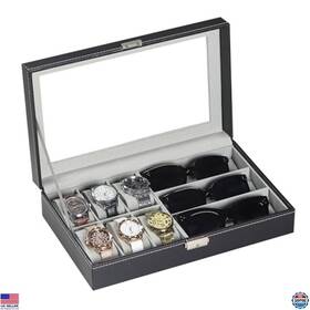 Aw-004 Visit The Autoark Store Fba Leather Watch And Eyeglasses Organizer Box With Glass Top 6 Watches Black