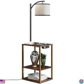 B09w9hy1q6 Visit The Sunmory Store Floor Lamp With Table And Shelves Usb/ac Charging 3-color Led Rustic Brown