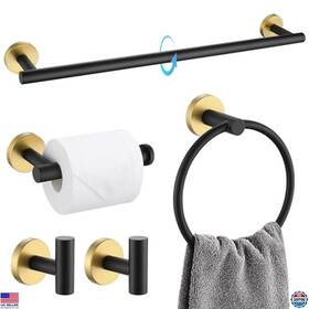 B0dpss5ymk Visit The Tqkag Store Black And Gold 5-piece Bathroom Accessory Set Round Stainless Steel Towel Bar