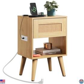 B0cth72wky Visit The Wlive Store Rattan Nightstand With Charging Station Boho Side Table Drawer Natural Oak