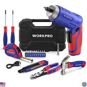 W009157 Visit The Workpro Store 18pcs Home Tool Kit With Rechargeable Electric Screwdriver And Toolbox Diy Set