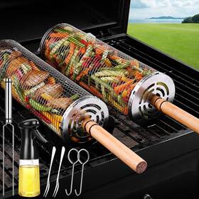 Bbq005 Wrakus Rolling Grilling Baskets For Outdoor Bbq Net Tube Stainless Steel Large Round