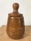 Vintage 70S Brown Glazed Ceramic Wooden Bbq Bar-b-q Barbecue Sauce Pot Brush. Fixed Price $26.99.