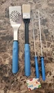 Vntg New 4PC Bbq Tool Items BLUE:17" Basting Brush, 16" Spatula, (2) 18" Skewers. Fixed Price $22.00.