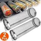 2PC Stainless Steel Round Rolling Basket Outdoor Camping Barbecue Grilling. Fixed Price $18.89.