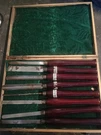 Crown Turning Tool Set 8 Pieces Red Handles Wooden Case. Fixed Price $73.00.