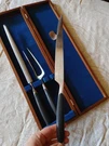 Vintage Mcm Lauffer Onyx Stainless Germany Carvingware Set Wood Case Blue Lining. Fixed Price $49.99.