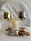 Evidan Luxury Bar & Cheese Gift Set Wine Goblets, Led Candle, Knives, Tray. Fixed Price $50.00.