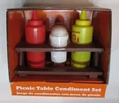 New Vintage Mr. Bar-b-q Picnic Table Condiment Set Mustard Ketchup Mayo Bottles. Fixed Price $30.00.