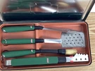 Vintage Coleman Bbq Grill Tools 4 Pc Set Green Metal Case. Fixed Price $55.00.