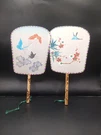 (2) Vintage Oriental Floral Birds Butterfly Wooden Handle Silk Paddle Fans. Fixed Price $16.00.