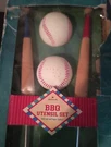 Hallmark Baseball Themed Barbecue Bbq Utensil Set W/ Salt & Pepper, Beat Up Box. Fixed Price $12.00.