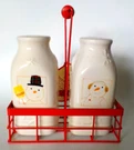 Hallmart Snowmen Milk Bottle Salt & Pepper Shakers Carrier. Fixed Price $15.00.