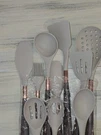 10 Pcs Silicone Cooking Utensils Set With Wooden Handle Rose Gold Trim. Fixed Price $8.00.