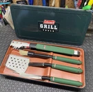 Vintage Coleman 4 Piece Bbq Grill Tools - Spatula, Fork, Tongs & Brush Tin Case!. Fixed Price $30.00.