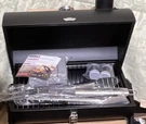 Leonyo Portable Barrel Charcoal Grill Set, Steel, Black, 12PCS, Tongs. Fixed Price $90.00.