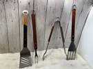 Three-piece Bbq Tool Set, Stainless Steel Spatula Fork Tongs, Wood Handles. Fixed Price $13.00.